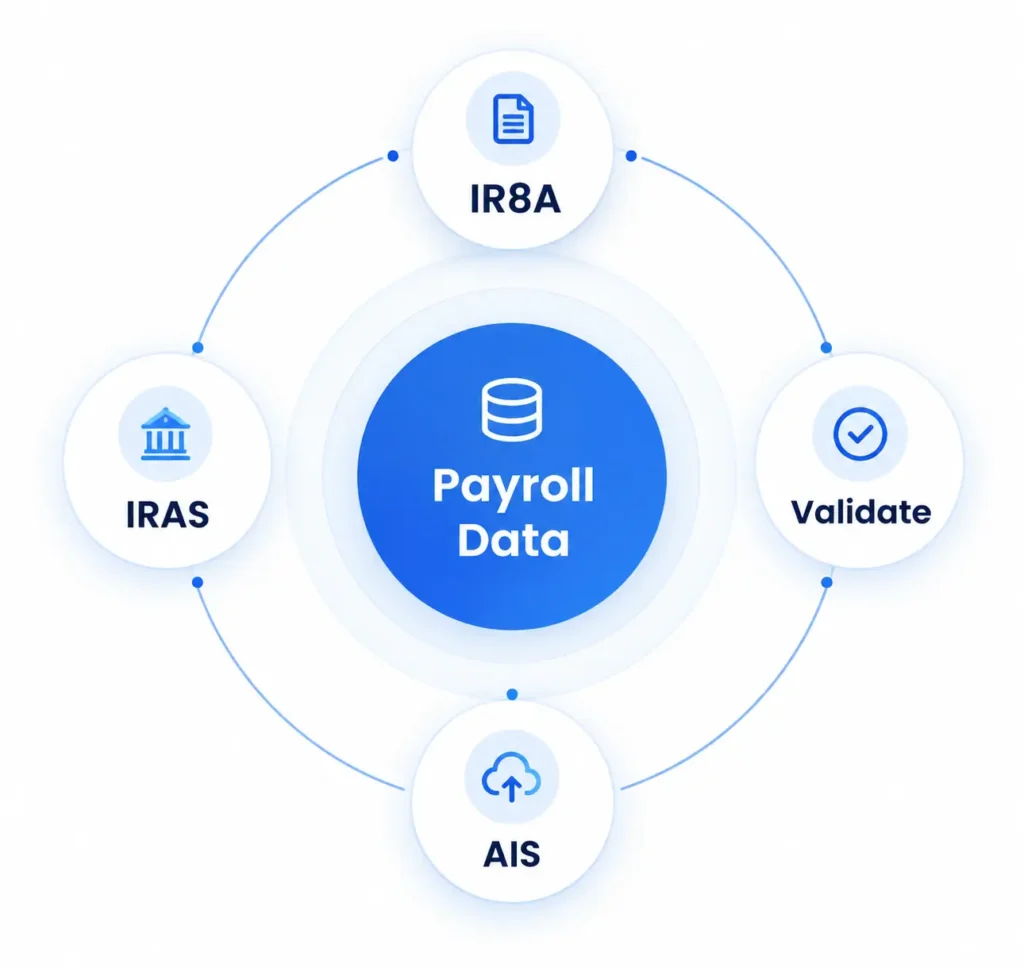 IRAS AIS payroll data workflow showing IR8A, IRAS, validation and AIS submission
